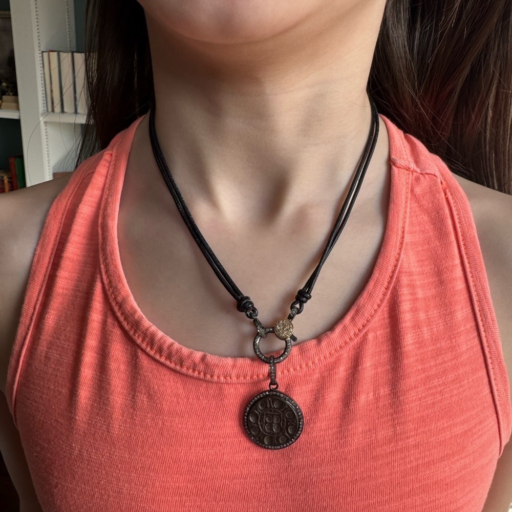 14k Gold, Sterling Silver, Natural Diamond, leather Chord Necklace - Picture 8 of 10